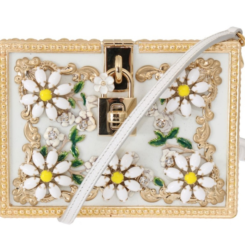Dolce&Gabbana Gold Daisy Crystal White Leather Bag